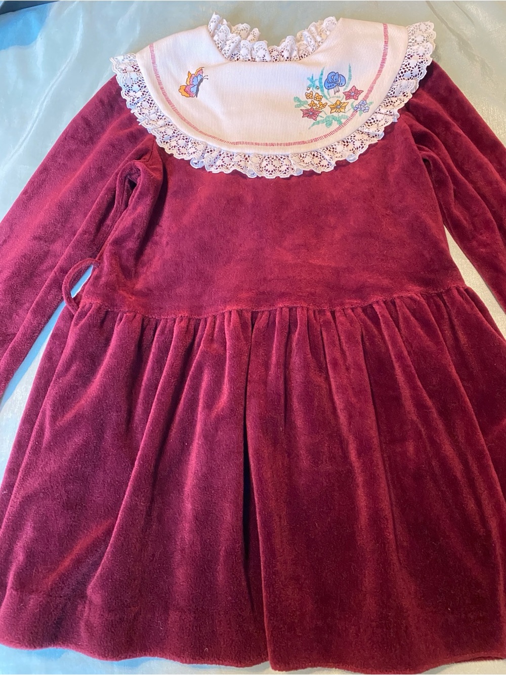 Girls Velvet Dress with Lace Bib Collar - Burgundy